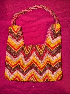 Beaded Chevron Pattern Shoulder Bag in Pink, Yellow & Brown